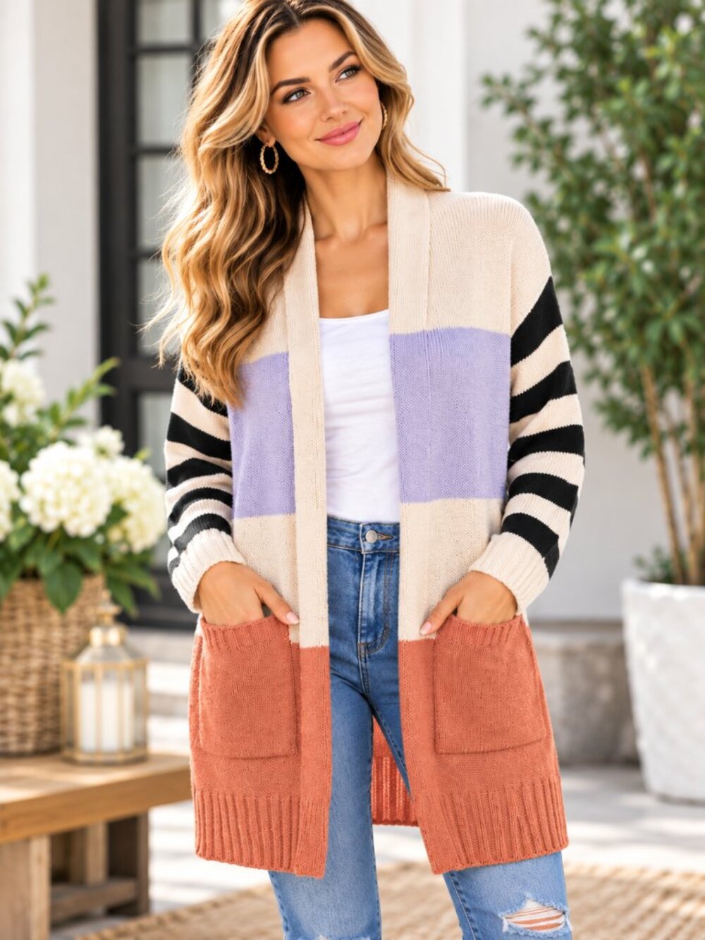 Wanna B Colorblock Open Front Cardigan Longline Knit Large